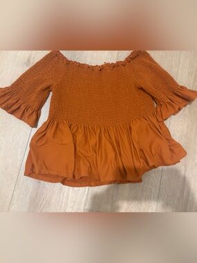 liberty Rust Orange Smocked Off-Shoulder Peplum Top